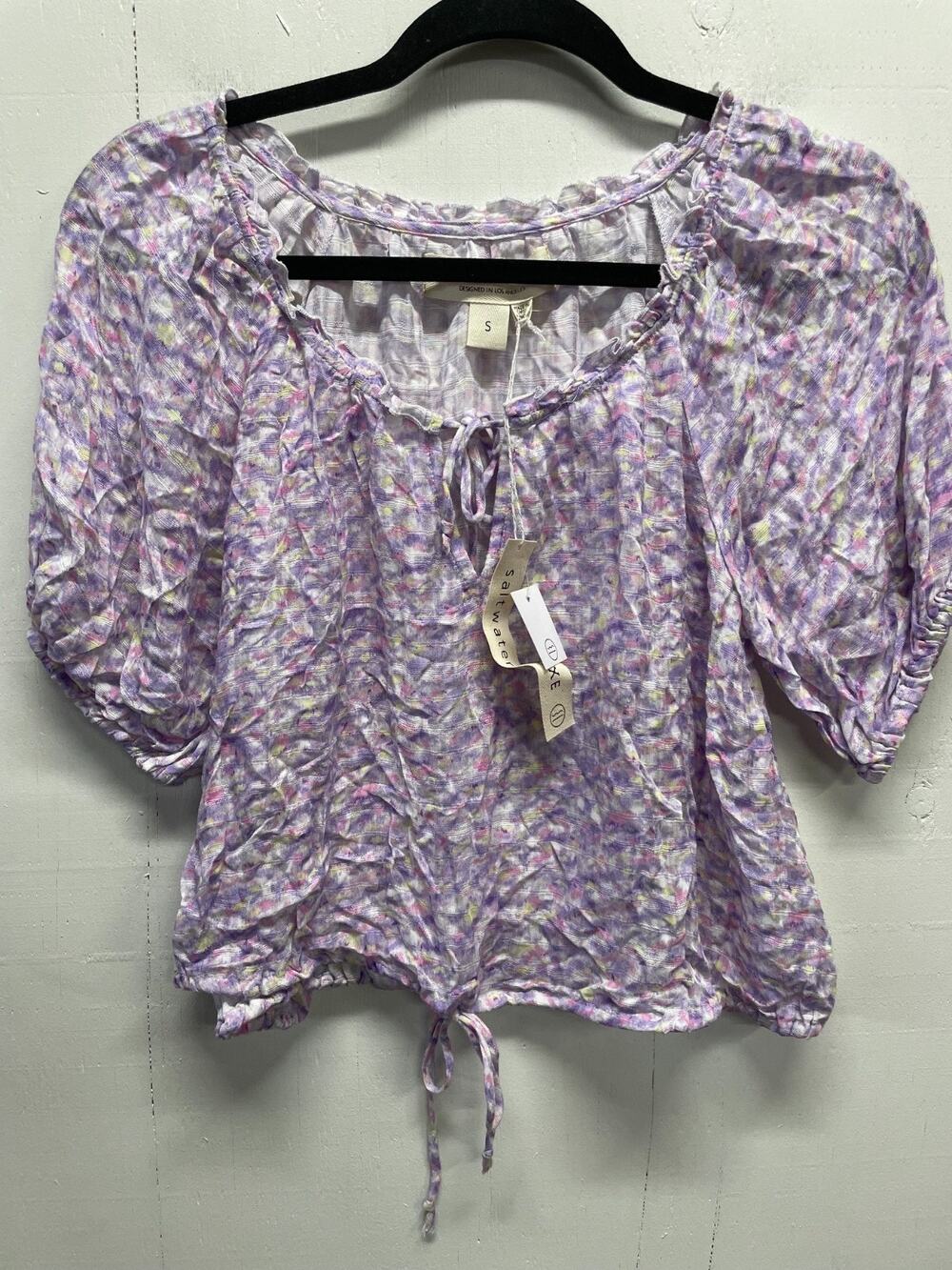 Salt Water Luxe Women's Top Small Purple, Pink, Yellow Print Puff Sleeves NWT
